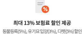 최대 13% 보험료 할인 제공 동물등록(5%), 유기묘 입양(3%), 다펫(5%) 할인