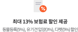 최대 13% 보험료 할인 제공 동물등록(5%), 유기견 입양(3%), 다펫(5%) 할인
